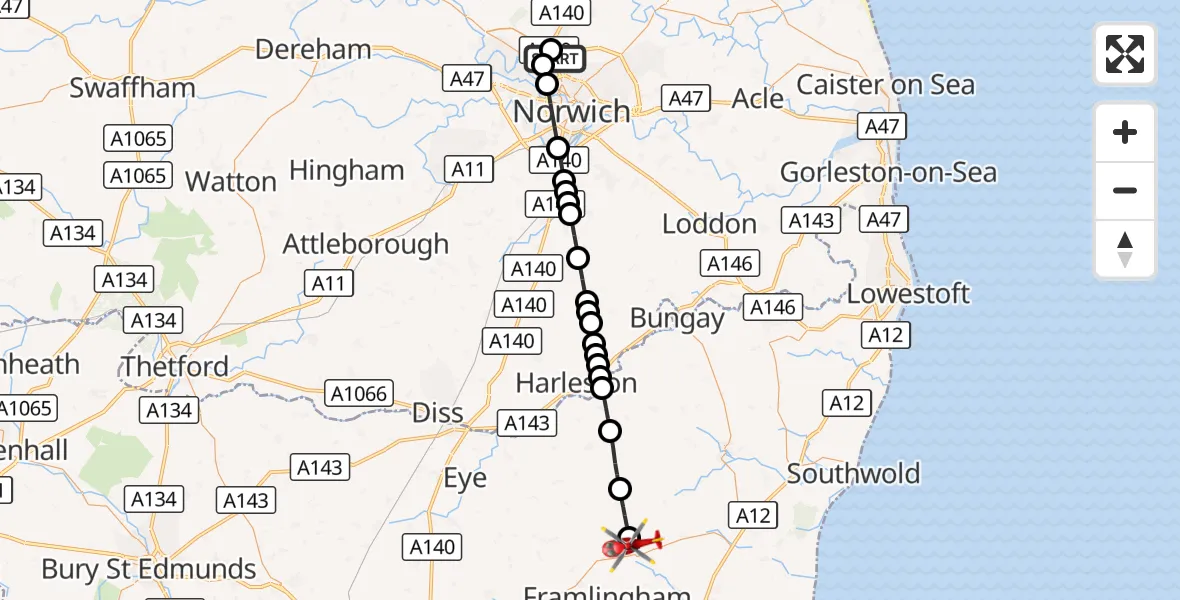 Flight route Air Ambulance Helicopter Norwich Airport - Badingham, 20 September 2026, 16:57