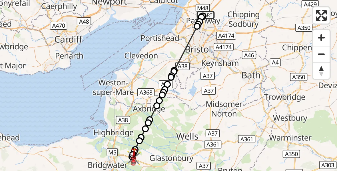 Flight route Air Ambulance Helicopter Almondsbury Helicopter Base - Edington, 20 September 2026, 17:03