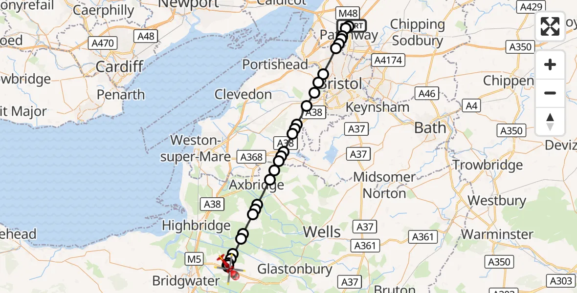 Flight route Air Ambulance Helicopter Almondsbury Helicopter Base - Edington, 20 September 2026, 17:03