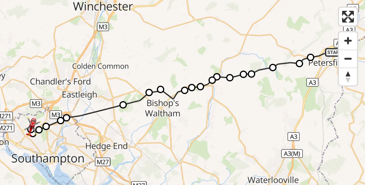 Flight route Air Ambulance Helicopter Petersfield - Aldermoor, 20 September 2026, 17:10