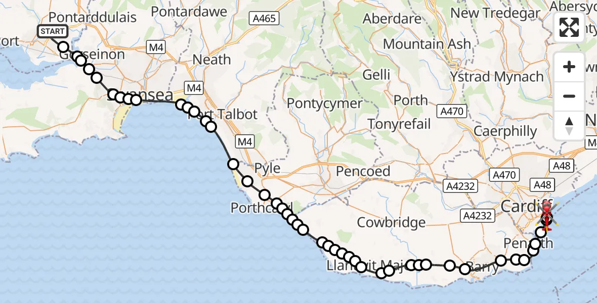 Flight route Air Ambulance Helicopter Dafen - Cardiff Heliport, 20 September 2026, 17:16