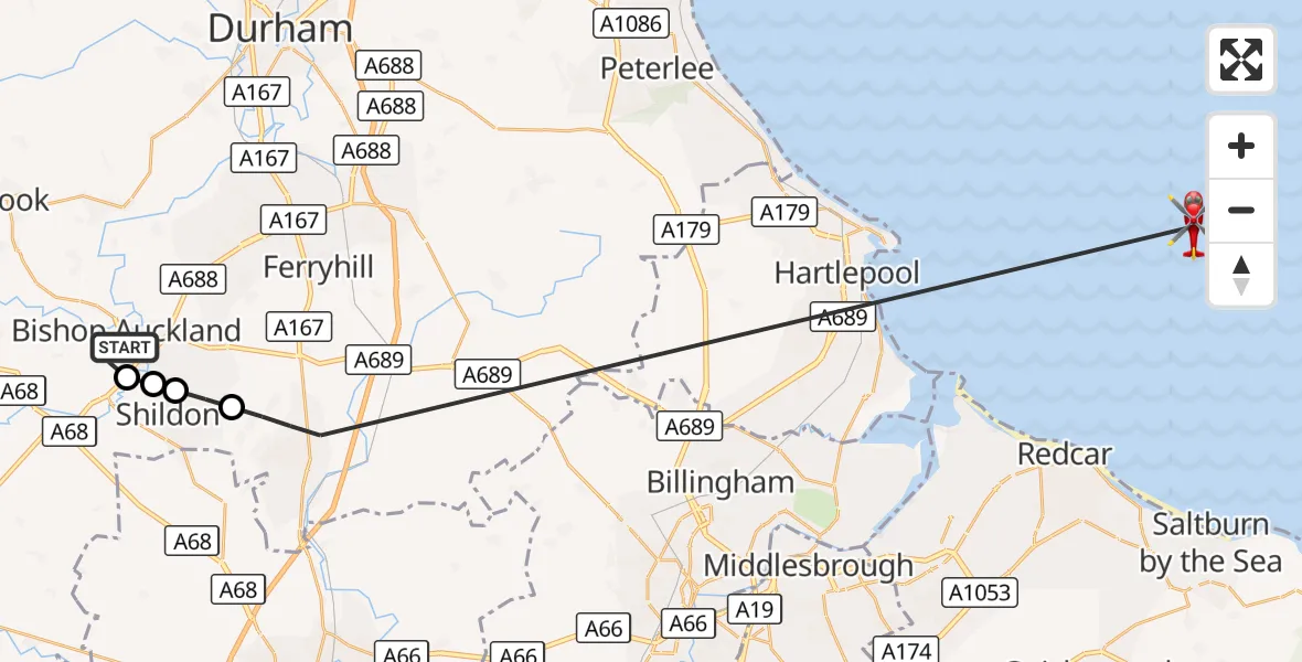 Flight route Air Ambulance Helicopter Bishop Auckland - North Sea, 20 September 2026, 17:19