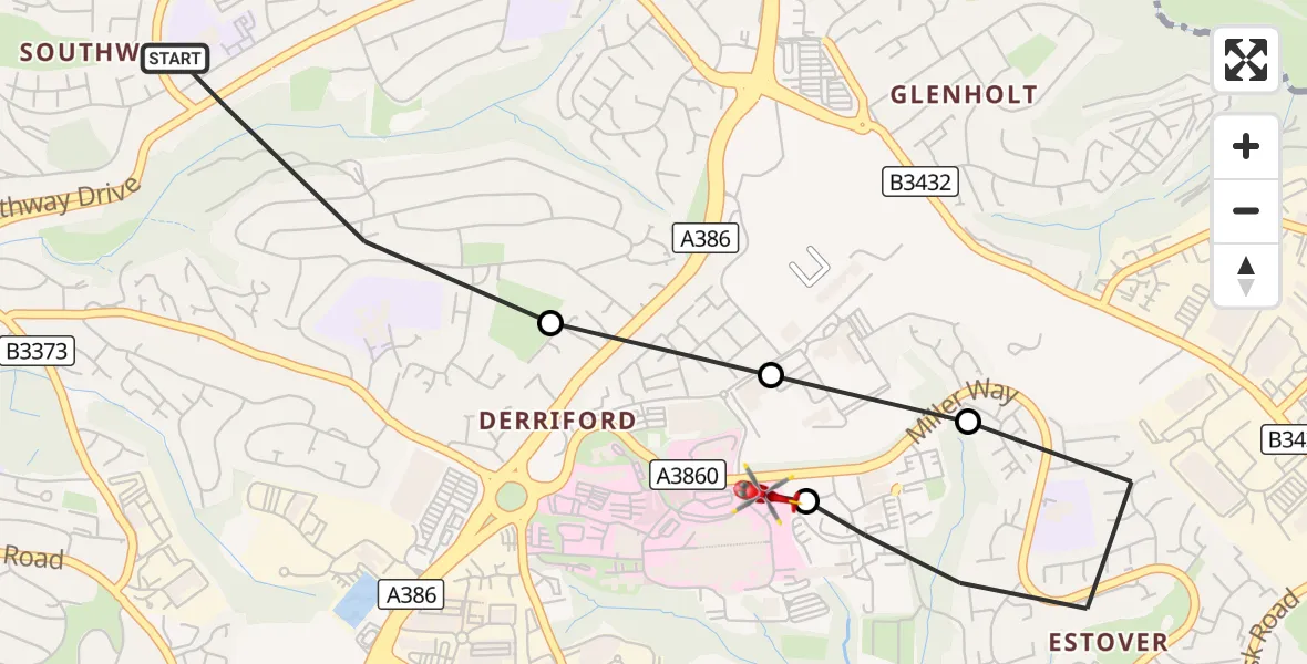 Flight route Air Ambulance Helicopter Southway - Derriford Hospital, 20 September 2026, 17:21