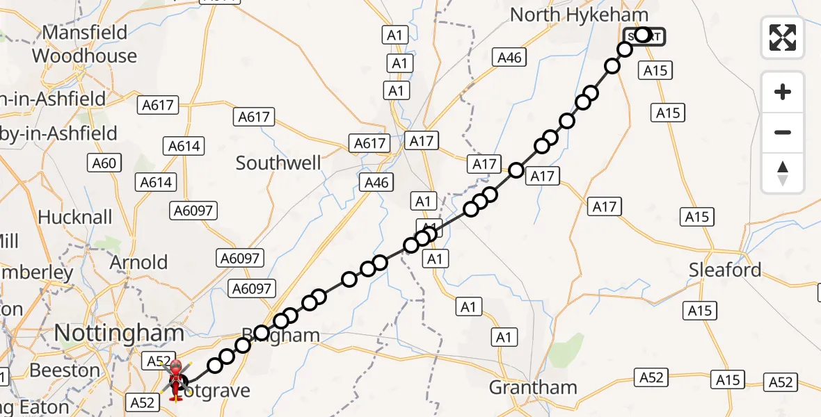Flight route Air Ambulance Helicopter RAF Waddington - Nottingham City Airport, 20 September 2026, 17:21