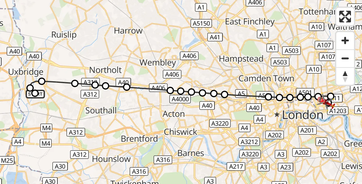 Flight route Air Ambulance Helicopter Cowley - Royal London Hospital, 20 September 2026, 17:21