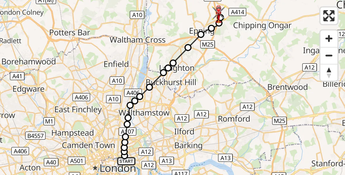 Flight route Air Ambulance Helicopter Royal London Hospital - North Weald Airfield, 20 September 2026, 17:22