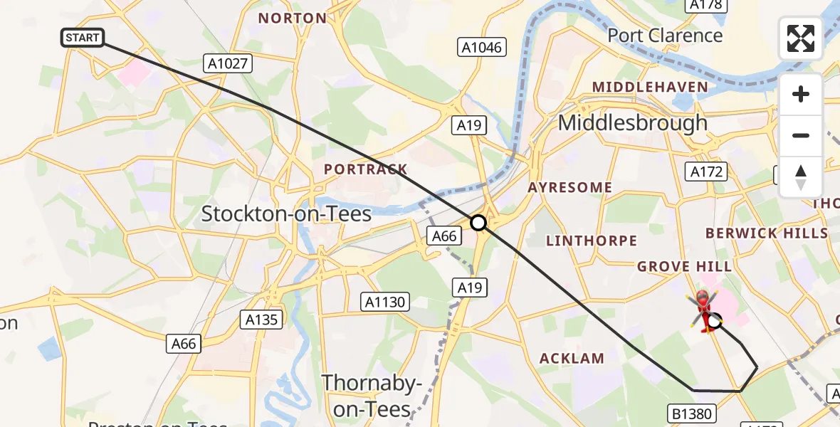 Flight route Air Ambulance Helicopter Stockton-on-Tees - James Cook University Hospital, 20 September 2026, 17:24