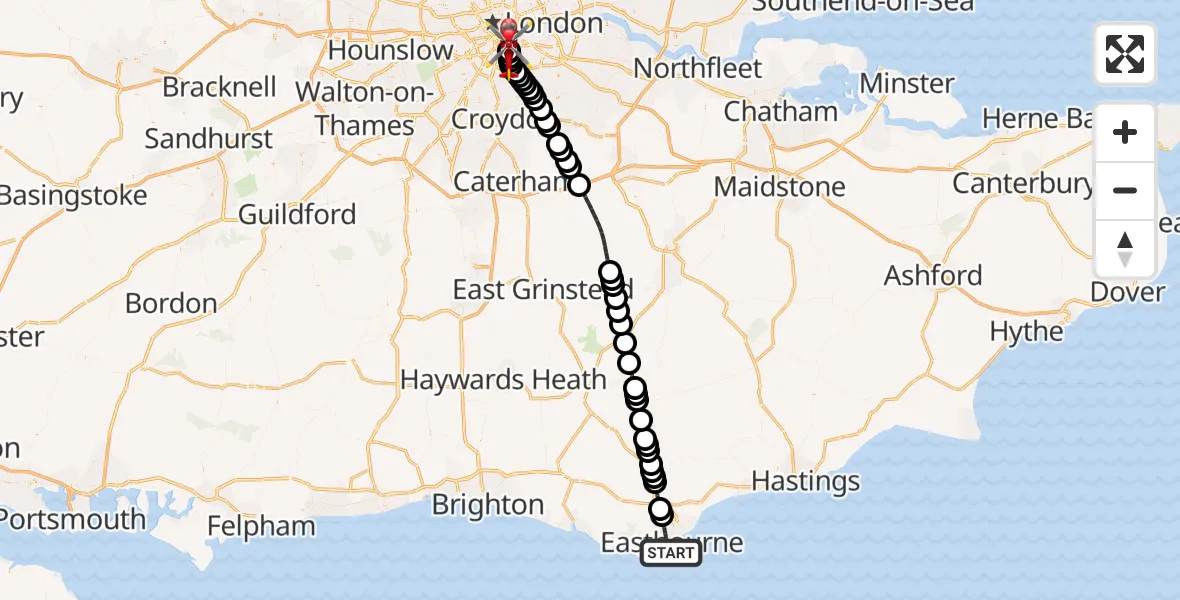 Flight route Air Ambulance Helicopter Eastbourne - Kings College London Hospital, 20 September 2026, 17:27