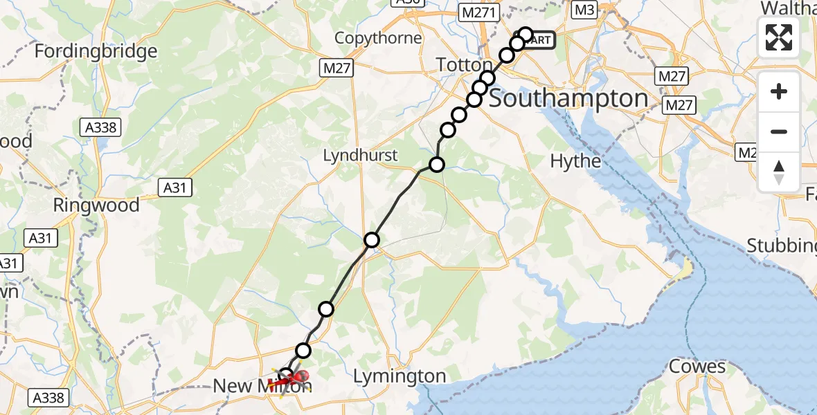 Flight route Air Ambulance Helicopter University Hospital Southampton - New Milton, 20 September 2026, 17:29