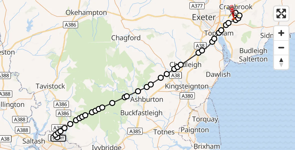 Flight route Air Ambulance Helicopter Derriford Hospital - Exeter International Airport, 20 September 2026, 17:45