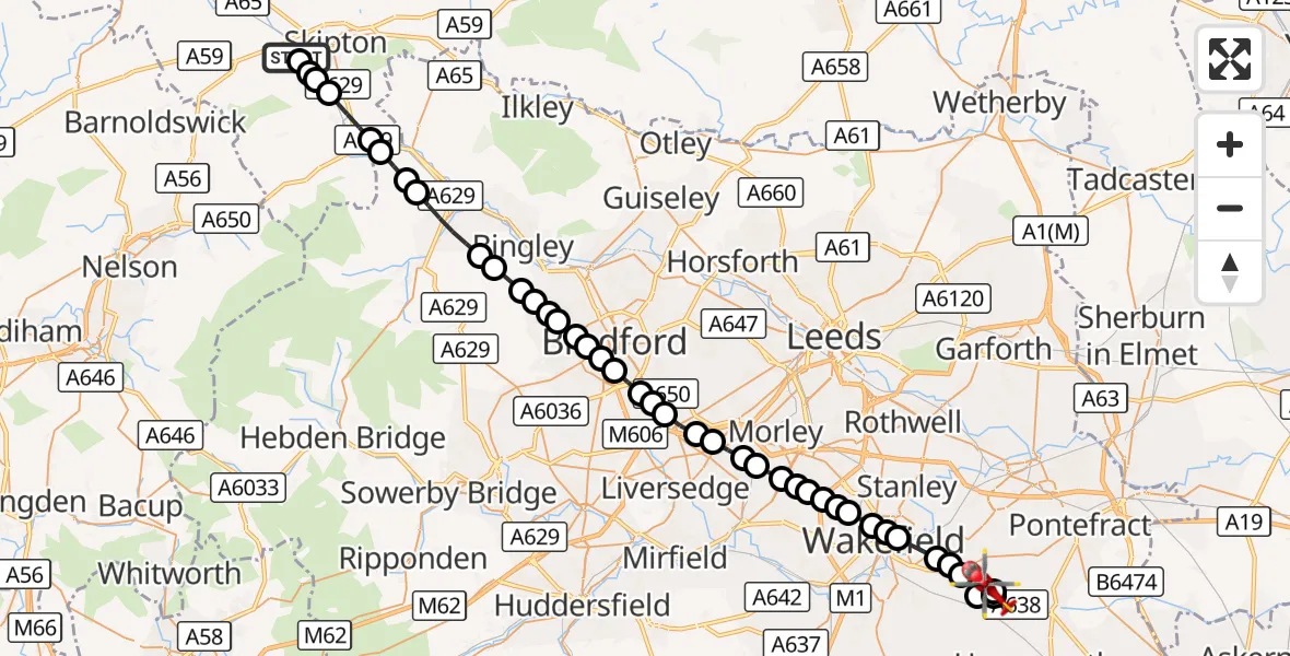 Flight route Air Ambulance Helicopter Carleton-in-Craven - YAA Nostell Helicopter Port, 20 September 2026, 17:45