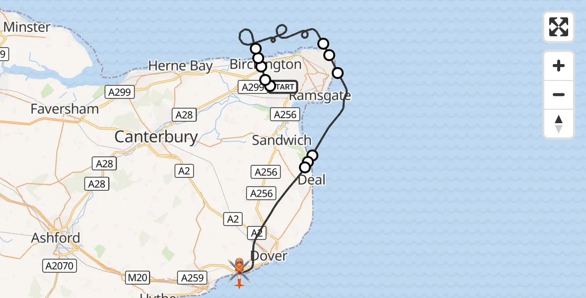Flight route Coastguard Helicopter Manston Airport - Dover, 20 September 2026, 17:50