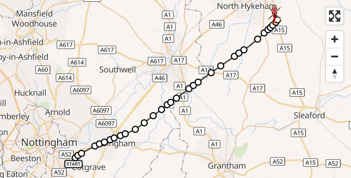 Flight route Air Ambulance Helicopter Nottingham City Airport - North Kesteven, 20 September 2026, 17:50
