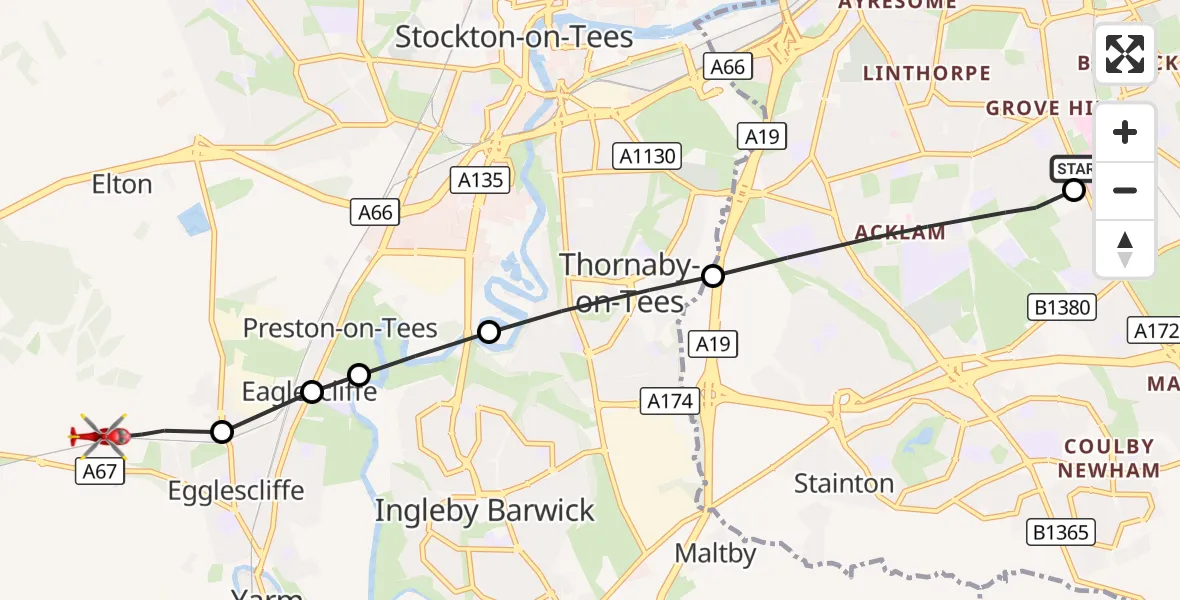 Flight route Air Ambulance Helicopter James Cook University Hospital - Egglescliffe, 20 September 2026, 17:57
