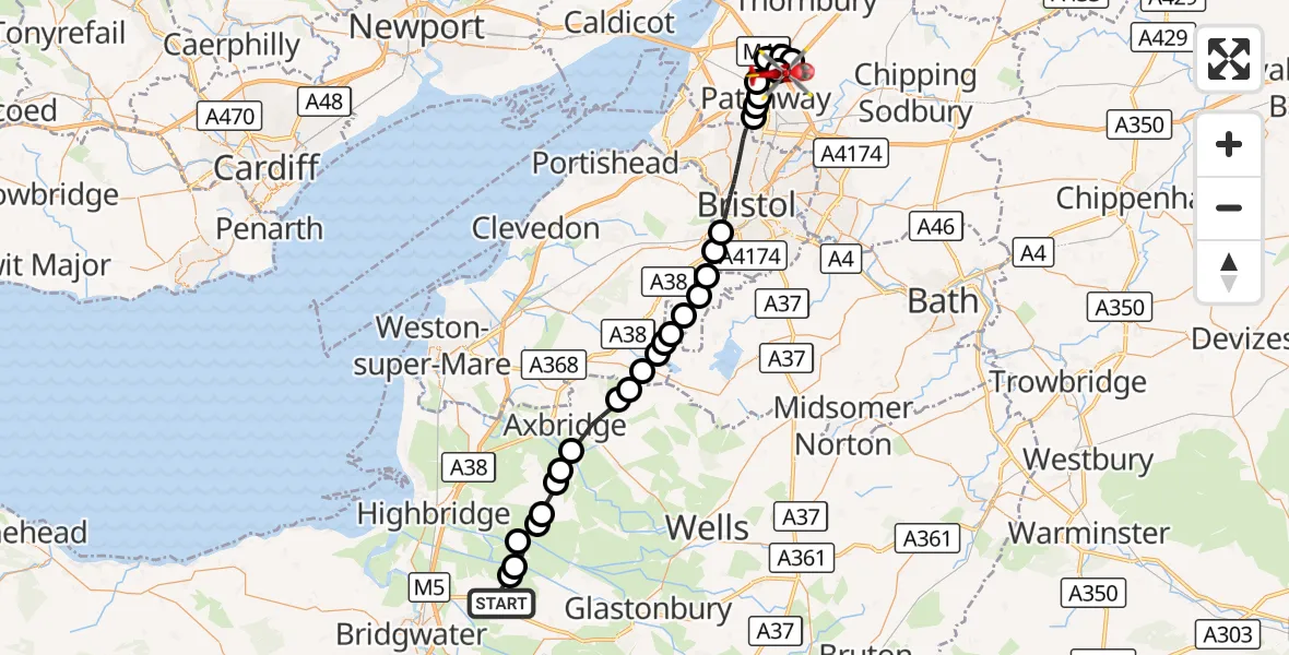 Flight route Air Ambulance Helicopter Chilton Polden - Almondsbury Helicopter Base, 20 September 2026, 17:59