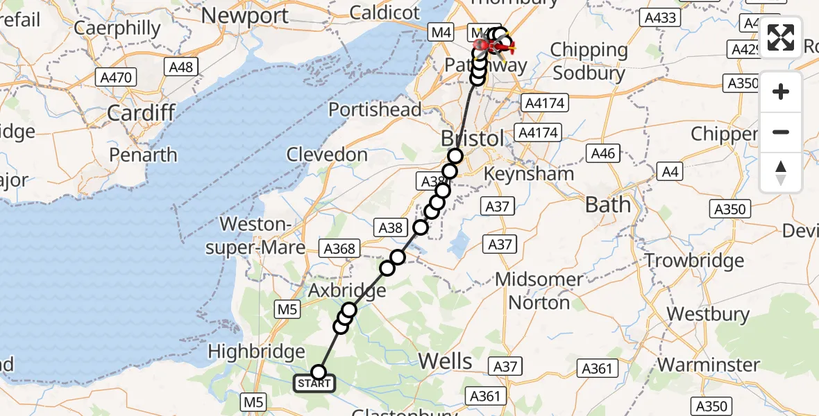Flight route Air Ambulance Helicopter Burtle - Almondsbury Helicopter Base, 20 September 2026, 18:00