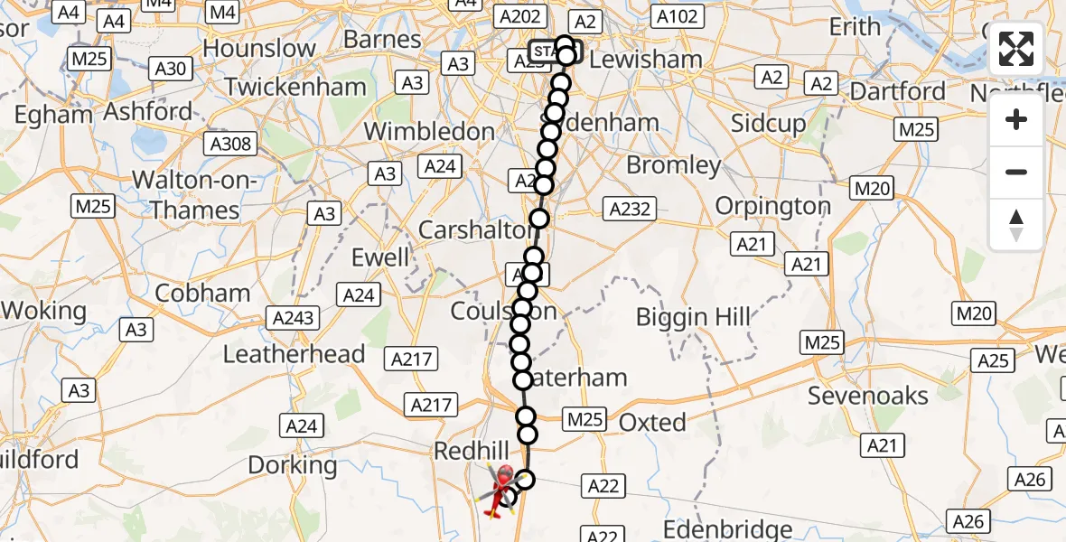 Flight route Air Ambulance Helicopter Kings College London Hospital - Redhill Aerodrome, 20 September 2026, 18:12