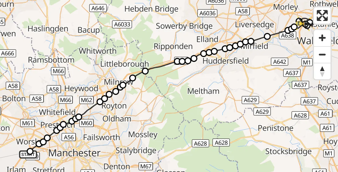 Flight route Police Helicopter Manchester Barton Aerodrome - East Ardsley, 20 September 2026, 18:21