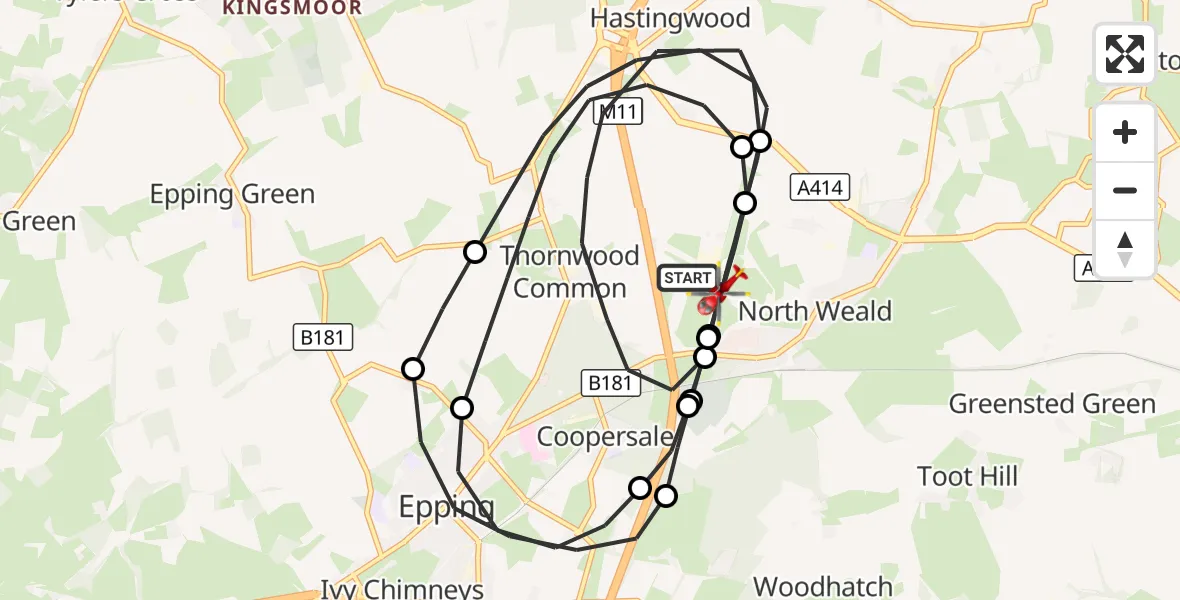 Flight route Air Ambulance Helicopter North Weald Airfield - North Weald Airfield, 20 September 2026, 18:35