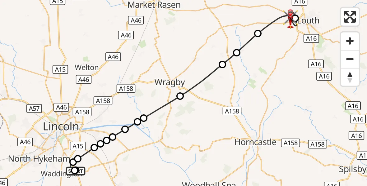 Flight route Air Ambulance Helicopter RAF Waddington - East Lindsey, 20 September 2026, 18:48