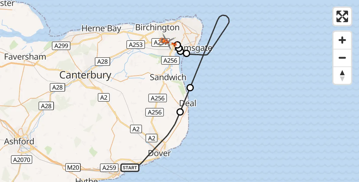 Flight route Coastguard Helicopter Dover - Manston Airport, 20 September 2026, 18:48