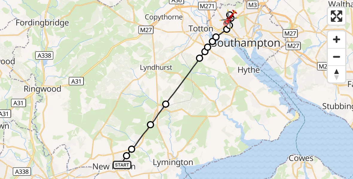 Flight route Air Ambulance Helicopter New Milton - University Hospital Southampton, 20 September 2026, 18:50