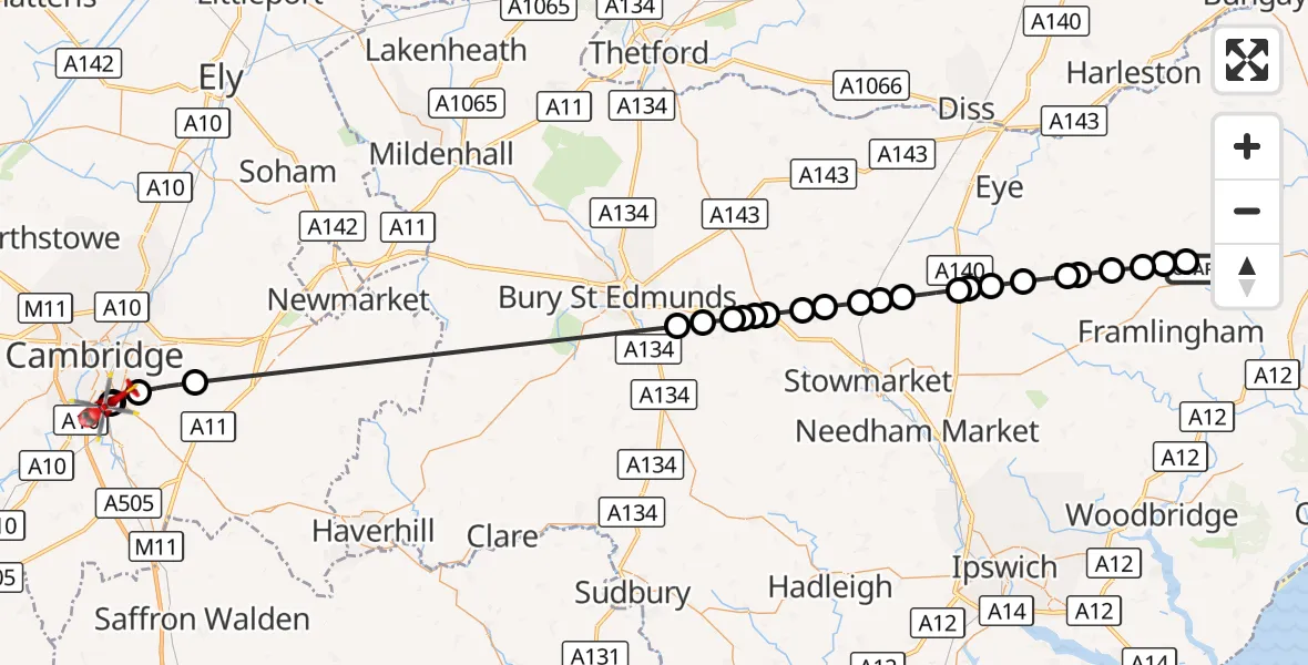 Flight route Air Ambulance Helicopter Badingham - Papworth Hospital, 20 September 2026, 19:05