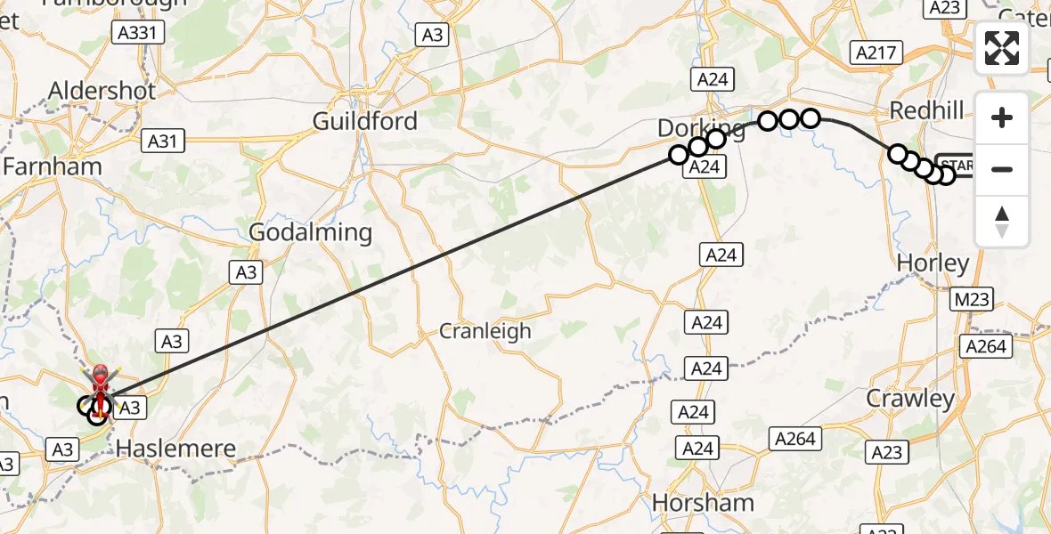 Flight route Air Ambulance Helicopter Redhill Aerodrome - Grayshott, 20 September 2026, 19:12
