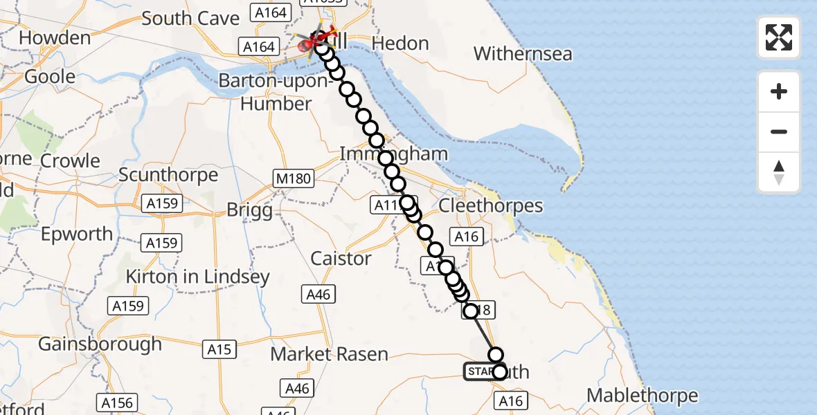 Flight route Air Ambulance Helicopter East Lindsey - Hull Royal Infirmary, 20 September 2026, 20:04