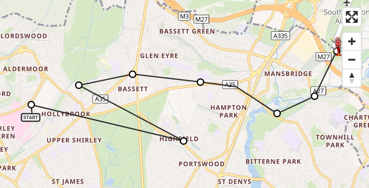 Flight route Air Ambulance Helicopter University Hospital Southampton - Southampton Airport, 20 September 2026, 20:36