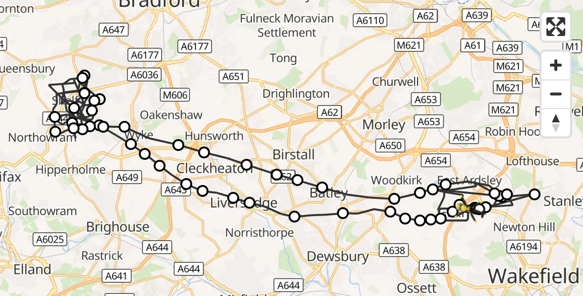 Flight route Police Helicopter East Ardsley - East Ardsley, 20 September 2026, 21:14