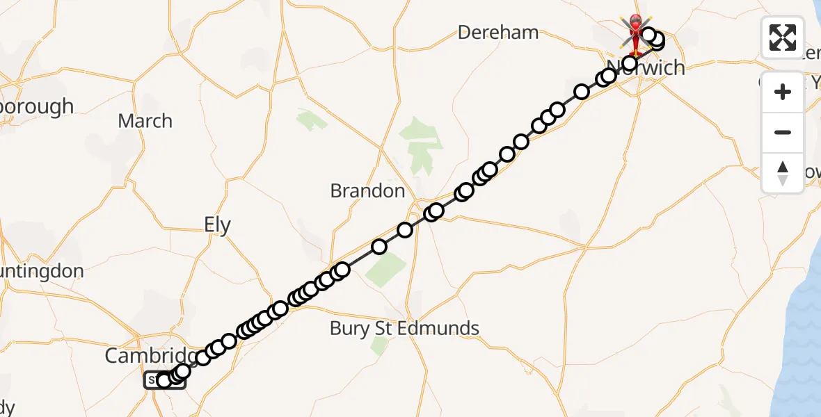 Flight route Air Ambulance Helicopter Papworth Hospital - Norwich Airport, 20 September 2026, 22:04