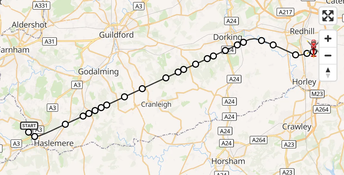 Flight route Air Ambulance Helicopter Grayshott - Redhill Aerodrome, 20 September 2026, 22:09