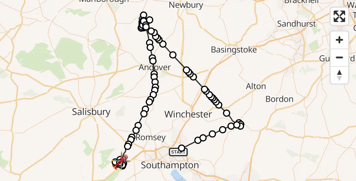 Flight route Air Ambulance Helicopter Southampton Airport - RAF Stoney Cross Air Base, 20 September 2026, 22:42