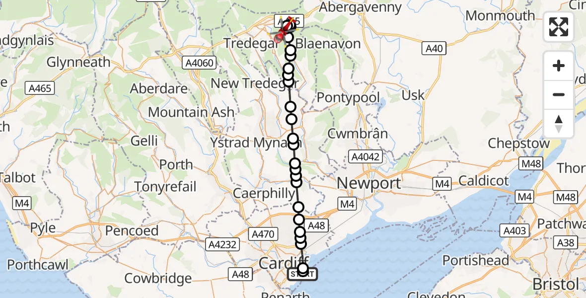 Flight route Air Ambulance Helicopter Cardiff Heliport - Nantyglo, 20 September 2026, 23:36