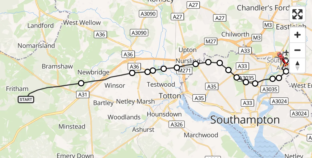 Flight route Air Ambulance Helicopter Bramshaw - Southampton Airport, 20 September 2026, 23:50