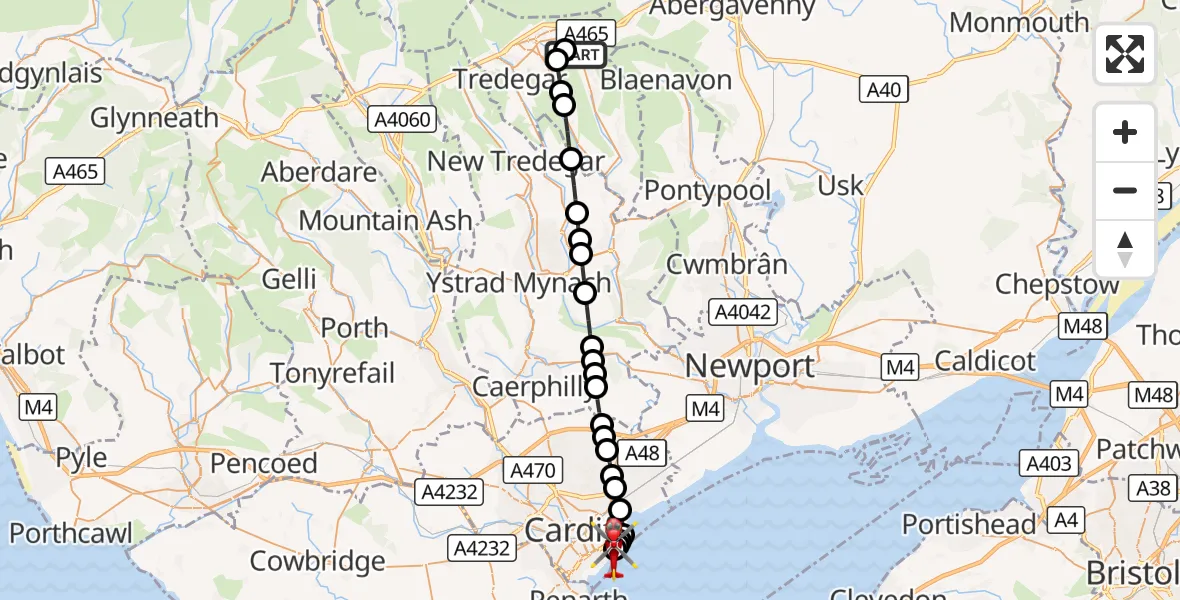 Flight route Air Ambulance Helicopter Nantyglo - Cardiff Heliport, 21 September 2026, 00:19