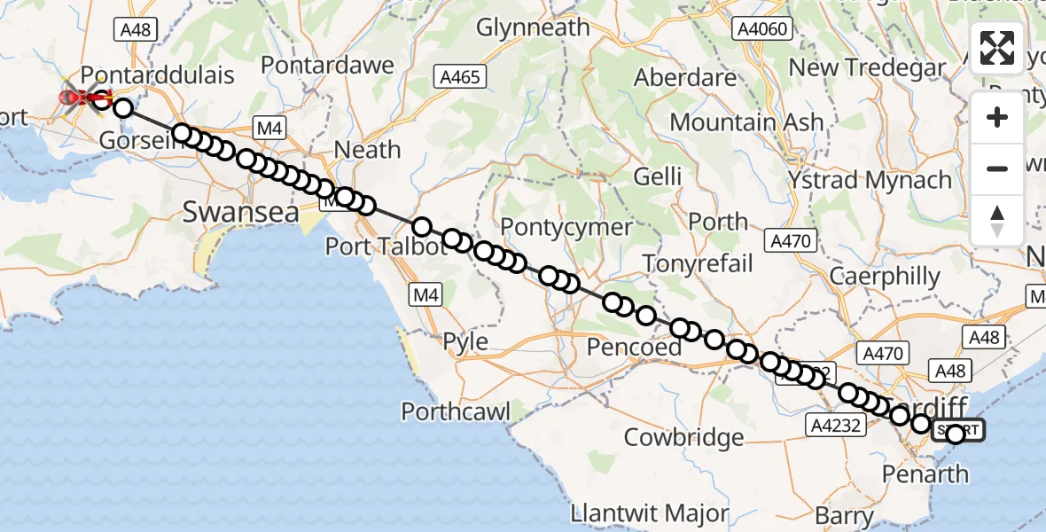 Flight route Air Ambulance Helicopter Cardiff Heliport - Dafen, 21 September 2026, 06:38