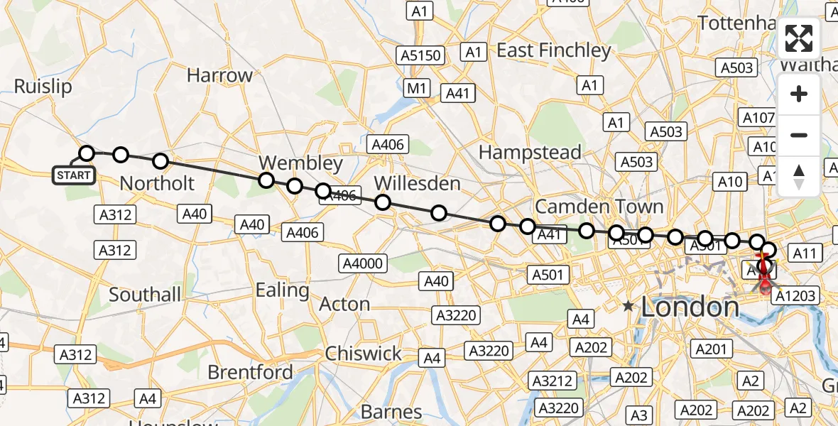 Flight route Air Ambulance Helicopter RAF Northolt - Royal London Hospital, 21 September 2026, 07:10