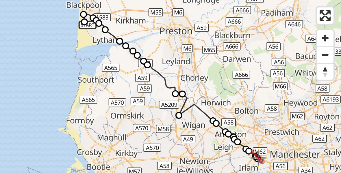Flight route Air Ambulance Helicopter Blackpool Airport - Manchester Barton Aerodrome, 21 September 2026, 08:24