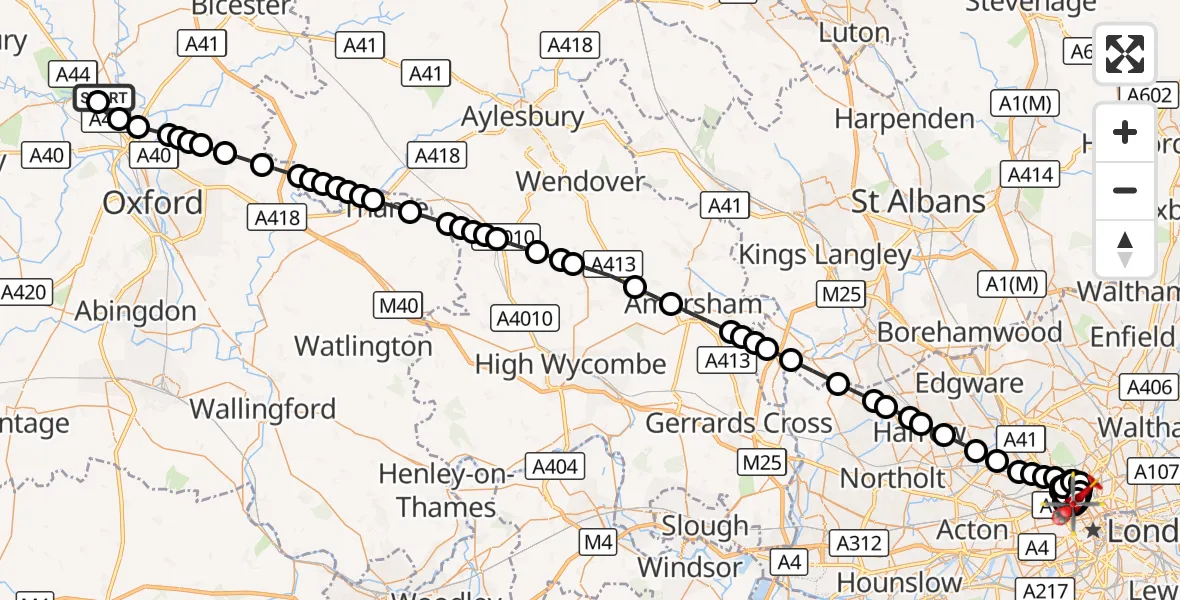 Flight route Air Ambulance Helicopter London Oxford Airport - Fitzrovia, 21 September 2026, 08:37