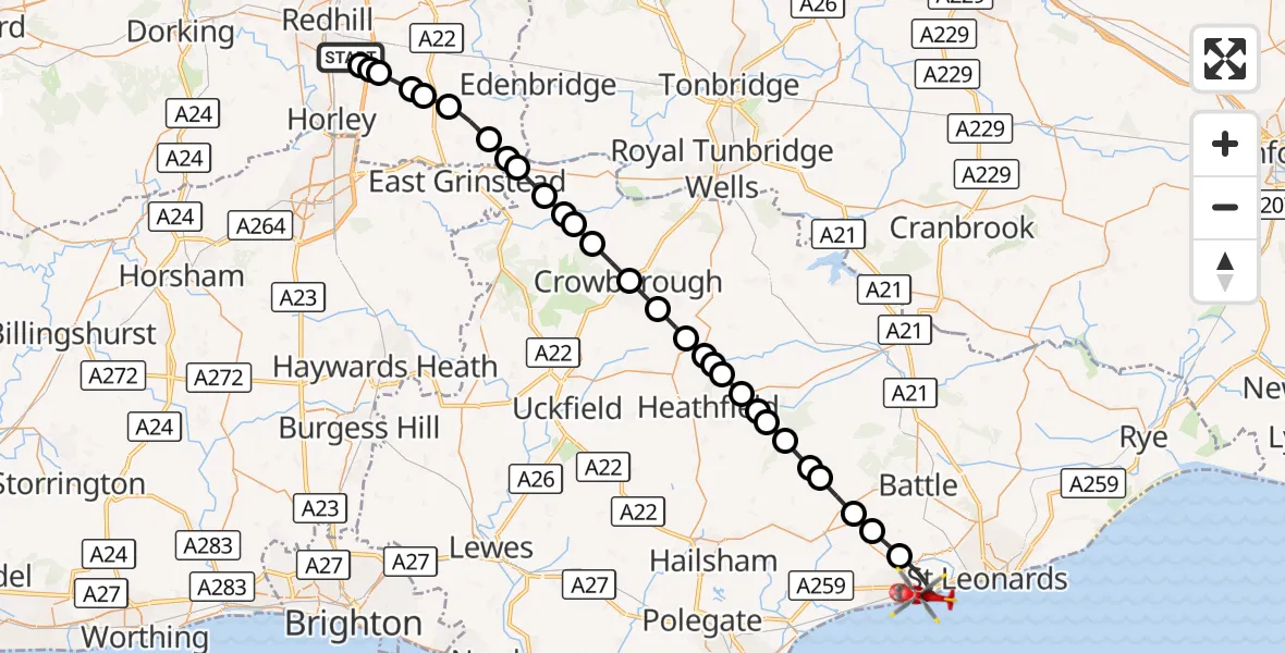 Flight route Air Ambulance Helicopter Redhill Aerodrome - Bexhill-on-Sea, 21 September 2026, 08:57