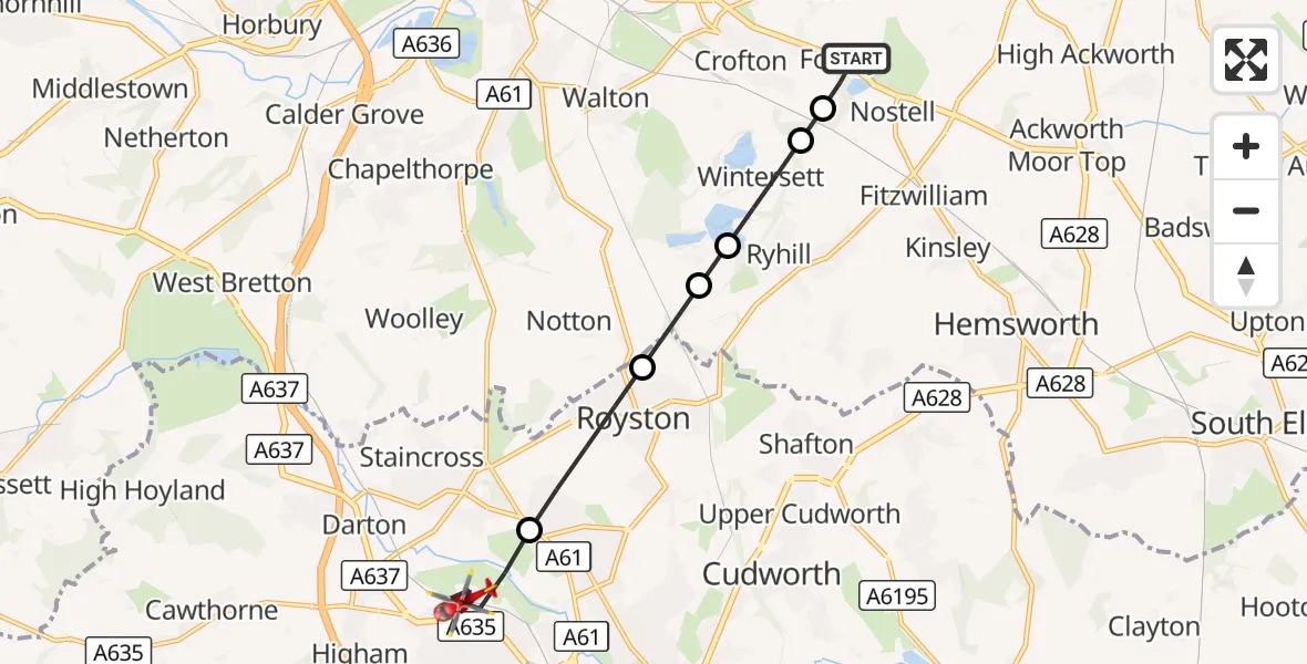 Flight route Air Ambulance Helicopter YAA Nostell Helicopter Port - Barnsley, 21 September 2026, 10:03