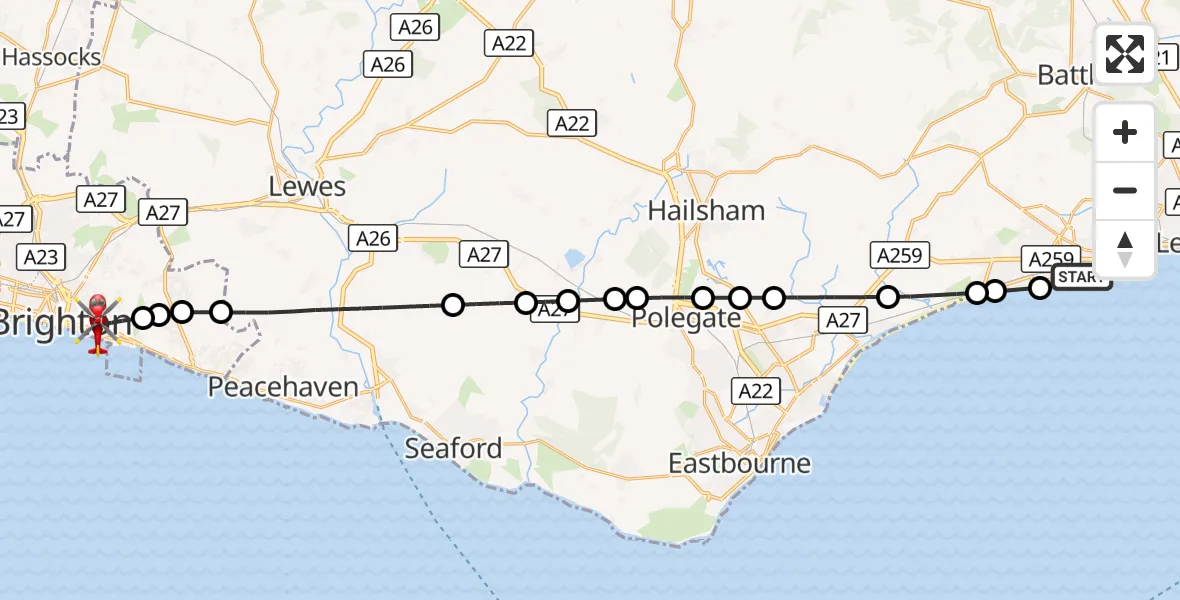 Flight route Air Ambulance Helicopter Bexhill-on-Sea - Brighton, 21 September 2026, 10:07