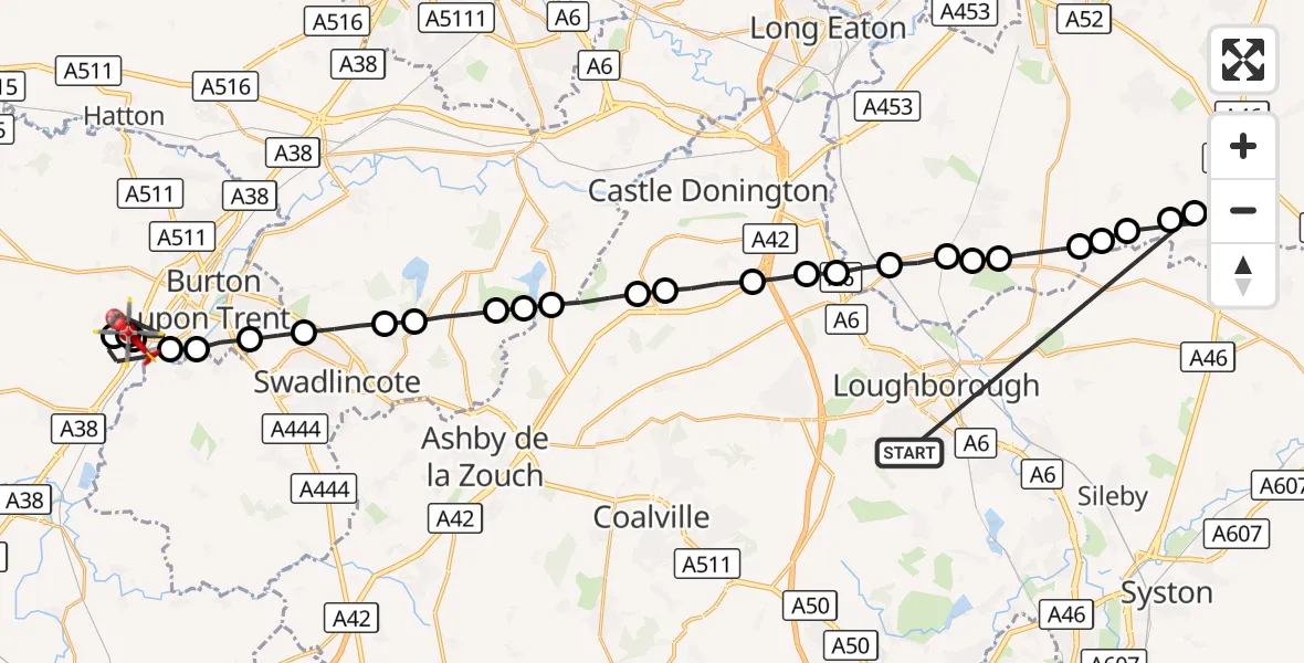 Flight route Air Ambulance Helicopter Loughborough - Branston, 21 September 2026, 10:25