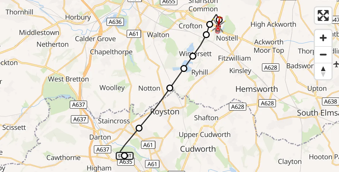 Flight route Air Ambulance Helicopter Barnsley - YAA Nostell Helicopter Port, 21 September 2026, 11:13