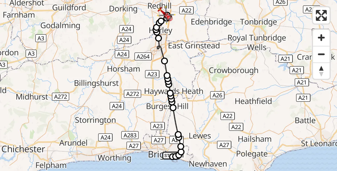 Flight route Air Ambulance Helicopter Brighton - Redhill Aerodrome, 21 September 2026, 11:22