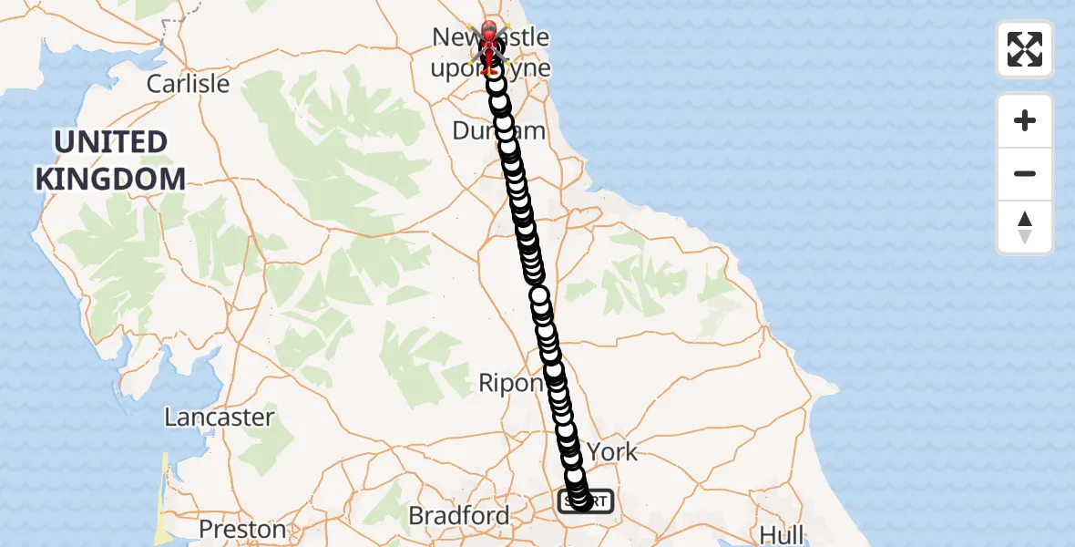 Flight route Air Ambulance Helicopter Leeds East Airport - Newcastle Royal Victoria Infirmary, 21 September 2026, 11:32
