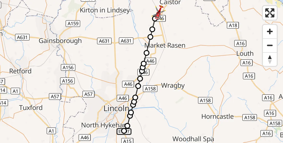 Flight route Air Ambulance Helicopter RAF Waddington - Holton le Moor CP, 21 September 2026, 11:33