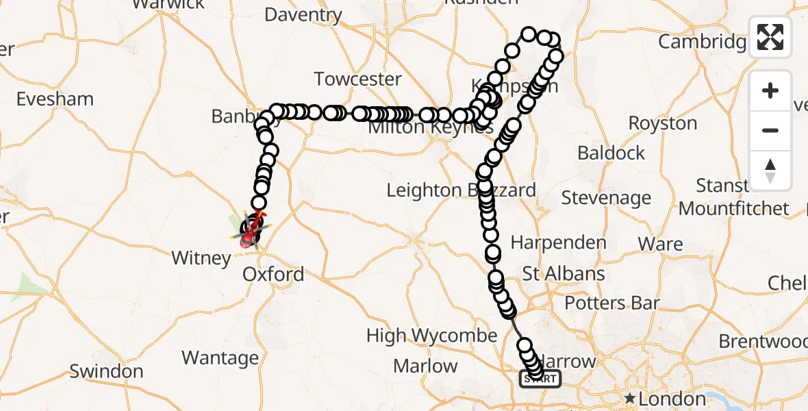 Flight route Air Ambulance Helicopter RAF Northolt - London Oxford Airport, 21 September 2026, 12:01